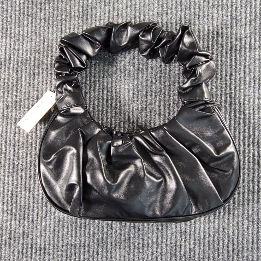 Avenue Zoe Black Ruched Vegan Leather‎ Scrunchie Handle Hobo Handbag NWT